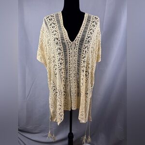 Boho Crochet Lace Poncho Top Cream Fringe Festival Beachy One Size